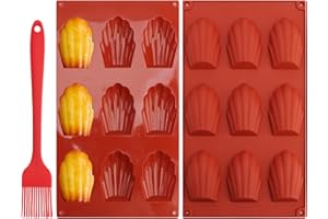 RAYKCE Lot de 2 Moule Madeleine Silicone, 9 Cavités Moule a Madeleine Moule Antiadhésif en Forme de Coquille Moule à Madeleine avec Brosse pour Biscuits Chocolat Bonbons Pudding Gâteau (Rouge Brique)