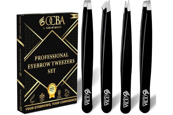 OCBA 4 pièces Pince à épiler les sourcils Pointe améliorée Pince à sourcils professionnelle avec revêtement antidérapant Pince pour épilation des poils Pince pointue (4 Pack Black)