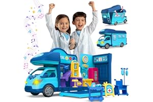 Kingsport 2-in-1 Kids Hospital Play Bus Toy with 38 PCs Medical Play Set Accessories with Realistic Light & Sounds Doctor Pretend Play Kit Ambulance Clinic Bus for Boys and Girls Christmas Newyear