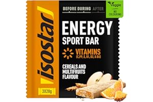 ISOSTAD Isostar Barres Energy Sport Céréales & MultiFruits – Barre Énergétique Céréales, Glucides, Trail Marathon Vélo Endurance, Source Vitamines C, E, B Texture Facile À Mâcher, 3x20g, 60g.