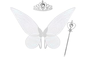 DAOUZL Feenflügel, Fairy Wings mit Zauberstab Krone, Elfen Flügel Kostüm, Schmetterling Fee Flügel, Funkelnde Flügel, Feen Flügel Kostüm, Feenflügel Mädchen Erwachsene für Halloween Karneval (Weiß)