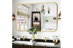 Koonmi Specchio da parete oro, 90 x 120 cm, specchio da bagno con angolo rotondo, Morden Specchio da parete con cornice in lega di alluminio per parete montato orizzontalmente o verticalmente, oro