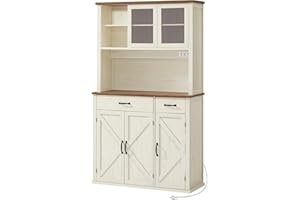 ‎VASAGLE VASAGLE Sideboard mit Beleuchtung und Ladestation, Küchenschrank, Aufbewahrungsschrank, mit Türen und Schubladen, 39,5 x 106,5 x 180,6 cm, verstellbare Ablagen, Landhausstil, vintageweiß BBK391W02