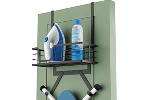 KES Over Door Ironing Board Hanger with Metal Basket and Adjustable Hooks, Ironing Board Holder Fits 44MM Thickness Door Y-Leg & T-Leg Matte Black,HIR501B-BK