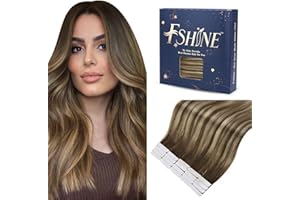 Fshine Brun Omber Extension Adhesive Cheveux Naturel Lisse Raides Extension Adhesif Cheveux Humains Invisible 14 Pouces 20pcs 50g Brun Chocolat à Blond Caramel #4/27/4