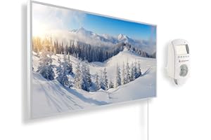 Könighaus Chauffage d’appoint infrarouge avec photo - 800 W + Smart Thermostat connecté & appli Könighaus - Chauffage mural infrarouge économe avec motif - Cadre blanc (07. Paysage enneigé)