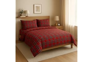 INTRECCI Completo Lenzuola Natalizio Matrimoniale Scozzese Rosso, Set Lenzuola e Federe in Puro Cotone Fantasia di Natale Tartan per Letto 2 Piazze