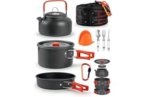 ZUMHIGH 9 PCS Aluminum Camping Cookware Set 1.5L Pot, 0.8L Kettle, Pan and More, Portable for 1-3 People, Ideal for Outdoor Camping and Picnic