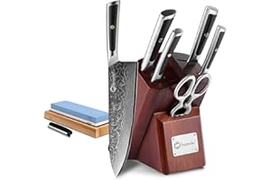 Sunnecko Set Couteau Cuisine 4pcs, Bloc en Bois Marron et Couteaux de Cuisine, Couteau en Acier Damas 67 Couches avec Ciseaux Inox, Pierre à Aiguiser