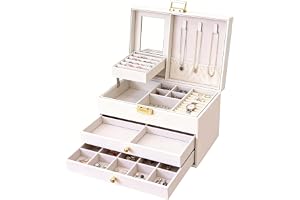 Fesatccoz Smyckeskrin för kvinnor 3 nivåer smyckesförvaring stort smyckeskrin med spegel och fack för ringar örhängen halsband armband klockor av PU-läder