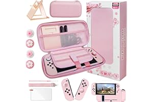 HLRAO Juego de Accesorios de Viaje Rosa Bolsa de Transporte Compatible con Nintendo Switch,con Cubierta Protectora Dura, Soporte Ajustable, Protector de Pantalla de Vidrio HD y Agarre para el Pulgar.