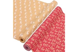 AhfuLife 2 Rotoli di Carta da regalo Natalizia, 43cm x15m di Carta da Regalo Natale Riciclabile Carta Kraft per Scatole di Natale, Decorazioni per Feste di Compleanno (Fiocco di neve Hoho/Renne)