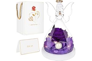 BoriYa Ángel Rosa Eterna - Morada Flor Eterna con Luz LED y Perlas, Rosa Eterna Natural Preservada en Cupula de Cristal, Romantico Angeles Forever Rose Regalo San Valentin para Mujer, Amigos, Madre