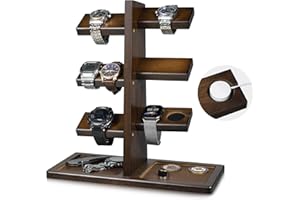 ikkle Watch Holder Stand with Charging Station Wooden Watch Display Tower Jewelry Organizer for Rings, Coins Bracelets, Necklaces, Great Gift for Men
