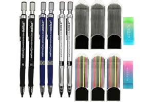 HiBD Druckbleistift 2 mm, 6 Stück mit 72 Stück zusätzlichen Minenminen (36 bunt und 36 schwarz) und 2 Radiergummis für Kunstskizzen, Tischler, Entwürfe, Zeichnungen, Basteln