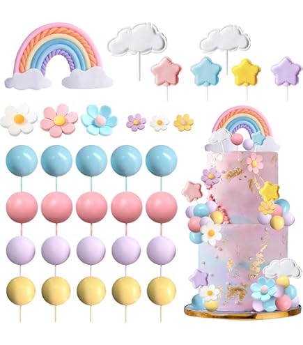 Kawailay Baby Boy 3e verjaardag taart decoratieset - derde verjaardag taart topper met regenboog wolken sterren taart picks - drie jaar oude taart topper voor jongens - roze