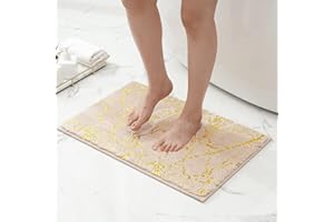 QJHOMO Marble Bathroom Rug Beige and Gold Decor Bathroom Rugs Non Slip Bath Mat Super Absorbent Microfiber Plush Bathmat Machine Washable Floor Carpet for Tub, Shower, Bedroom 16"x24"