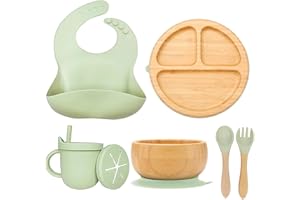 MORIASTER Baby Crockery Set Bamboo Children's Plate & Bowl & Silicone Spoon & Bib Water Cup Baby Food Set BPA Free