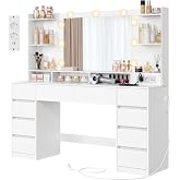 VASAGLE Makeup Vanity with Light, Mirror, Drawers and Plug | Desk, USB Ports, 137 x 40 x 144.5 cm, Cloud White, KAILYN Collec