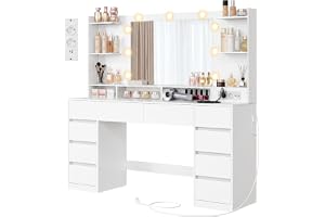 VASAGLE Sminkbord med Belysning och Spegel, 10 Lådor, Laddningsstation | 3 Färglägen, 137 x 40 x 144,3 cm, Moln Vit, KAILYN Kollektion RDT341WB01