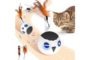 GoldenSun Katzenspielzeug, Interaktiver Katzenspielzeugball für Hauskatzen, Automatisch Beweglicher Ball, Bewegungsaktiviertes, Schnell Bewegliches, Zwitscherndes, Anregendes Licht, 2 Federschwänze