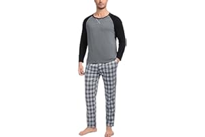 Litherday Pyjama Homme Hiver Coton Chaud Vêtements De Nuit à Manches Longues Col Rond Haut et Pantalon à Carreaux Confortable Doux