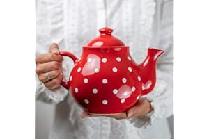 City to Cottage | Théière | rouge à pois blancs en céramique avec couvercle et anse faite et peinte à la main | Grande 1,7L 4-6 tasses
