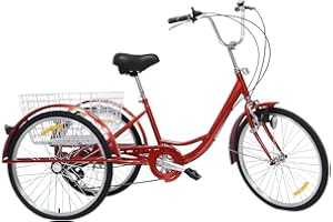 LENJKYYO 24 Inch Adult Tricycle 3 Wheels Bicycle Seniors Shopping Cargo Trike 6-Speed with Basket & Light & Backrest & Rear