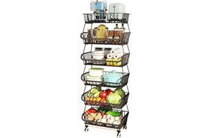 BRIAN & DANY Scaffale impilabile per verdure a 6 ripiani, con ruote con serratura e 5 ganci a S per cucina, dispensa, bagno, garage