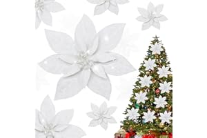 Shining She 10pcs 15CM/5.9inch Christmas Glitter Artificial Poinsettia Flowers, Large Artificial Christmas Flowers for Xmas Party Decoration, Xmas Tree Ornaments Decor, White