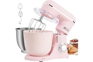 Kitchen in the box Robot Pâtissier, 4.5L+5L 2Bols Robots de Cuisine, 10 Vitesses Batteur Electrique Cuisine, 1300W Pétrin Professionnel avec Fouet, Batteur, Crochet (Rose)