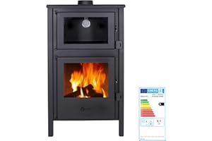 EIDER BIOMASA - Estufa de Leña con Horno Quartz - 12,4 kW - 89x47x52 cm - Frontal y Superficie en Fundición - Calienta hasta 210 m³ - Clase Energética A