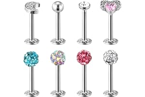 MBAIYO 16G Cartilage Tragus Earrings, 8PCS Surgical Steel Stainless Steel Helix Set Flat Back Piercing Moon Heart Ball Lip Bars Labret Stud Set 8mm