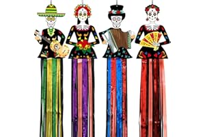 BAYUYI 4 Pezzi Decorazioni Appese Teschio di Zucchero – Dia de los Muertos, Halloween, Altar Ofrenda, Feste Messicane, Decorazione da Parete e Giardino con Nappe