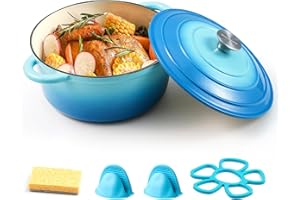 Parmedu Enameled Cast Iron Pot: 5L Heavy Duty Dutch Oven with Lid and Dual Handles in Blue - Silicone Accessories and Sponge Included, Ideal for Braising, Stewing, Roasting and Baking, Christmas