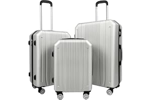 GUSKASA Set di valigie rigide da 3 pezzi, grigio, valigie con ruote girevoli a 360 gradi, maniglia retrattile, bagaglio a mano da 20 pollici, valigie medie da 24 pollici, valigie grandi da 28 pollici