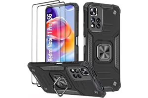 KANSi Hülle für Xiaomi Redmi Note 11 Pro+ Plus, Schutzfolie [2 Stück] Silikon TPU Hart PC Handy Hüllen 360 Grad Drehbar Ringhalter Bumper Stoßdämpfung Schutzhülle - Schwarz