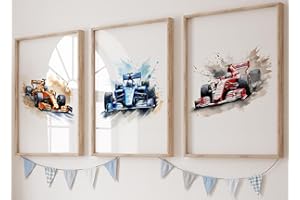 EVIEPOPS PRINTS Racing Cars Set of 3 Unframed Poster Prints for Boy Girl Nursery Bedroom Playroom, Watercolour Design, Wall Art Transport Decor, Fast Racing Cars, Orange Blue Red (A3)