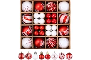 FAOKZE Juego de Bolas de Navidad, 44 Piezas, Bolas de Plástico Blancas y Rojas, Adornos para el Árbol de Navidad.