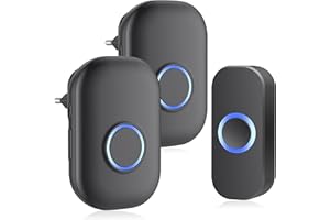 Jeatone Sonnette sans Fil Exterieur Etanche,Sonette sans Fil Exterieure 2 Recepteur,IP44 Étanche Carillon Electronique,150M Sonnette de Porte,32 Mélodies au 4 Niveaux Volumes,LED Bleu,Noir