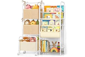 Bikoney 4-Tier Kids Bookshelf - Book Shelf with Toy Storage, Large Book Organizer Bookcase Toy Box with Cart Book Shelf for Rooms Nursery Playroom Classroom