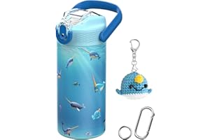 MYFOREST 400 ml isolierte Kinder-Wasserflasche, chirurgischer Stahl, hochauflösendes Originalmuster, spülmaschinenfest, Namensschild, Karabiner (Ozean. Blaue Narwale)