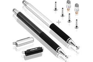 MEKO 2-en-1 Stylet pour Ecran Tactile de Précision avec 6 Pointes de Stylet Capacitives Remplaçables pour iPad, Tablette, iPhone, Smartphone, Samsung Galaxy Note/Tab - Noir + Argent