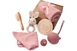 7-in-1 Newborn Baby Gift Set, Essential Care Kit Baby Gift Basket with Bath Towel, Wooden Brush & Milestone Cards, Gender Neutral Shower Gift for Boys Girls