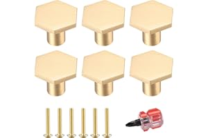 HEOZHUYI 6 Pcs Brass Cabinet Door Knob, Hexagonal Gold Kitchen Door Knobs, Drawer Pulls Door Handles, Furniture Cupboard Drawer Cupboard Dresser Handles and Knobs, with Screws and Screwdriver