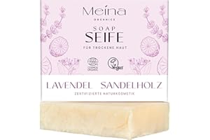 ‎MEINA Meina Bio Sandelholz Seife, 100% Natürlich, Naturseife für trockene Haut mit Lavendel ohne Palmöl, Zertifizierte Naturkosmetik, Vegan, Handgemacht, 100g