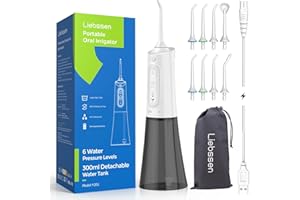 Liebssen Jet Dentaire Hydropulseur dentaires Fonctionnement à un bouton 6 intensités d'eau 8 embouts IPX7 Réservoir de 300 ml portable pour les voyages (Blanc)
