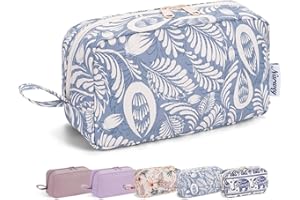 NARWEY Small Toiletry Bag, Small Wash Bag, Cute Makeup Bag, Make up Bag with Organized Pockets, Travel Cosmetic Bag for Women (Blue Leaf, Large)