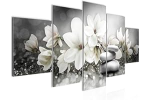 Runa Art Tableau mural Fleurs Magnolia 5 parties Impression sur Toile Intissee Decotation Salon abstrait Noir et blanc 035452c