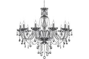 TRY-YEAN Lampadario a 10 Braccia Lampadario in Cristallo Vintage Grigio Fumoso Sospensione Classico in K9 Cristalli Gocce con Catena Regolabile per Camera da Letto Soggiorno Sala da Pranzo E14